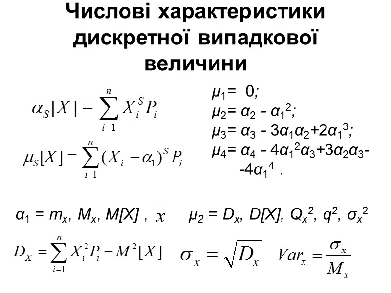 Числові характеристики дискретної випадкової величини μ1= 0; Числові характеристики дискретної випадкової величини μ1= 0;